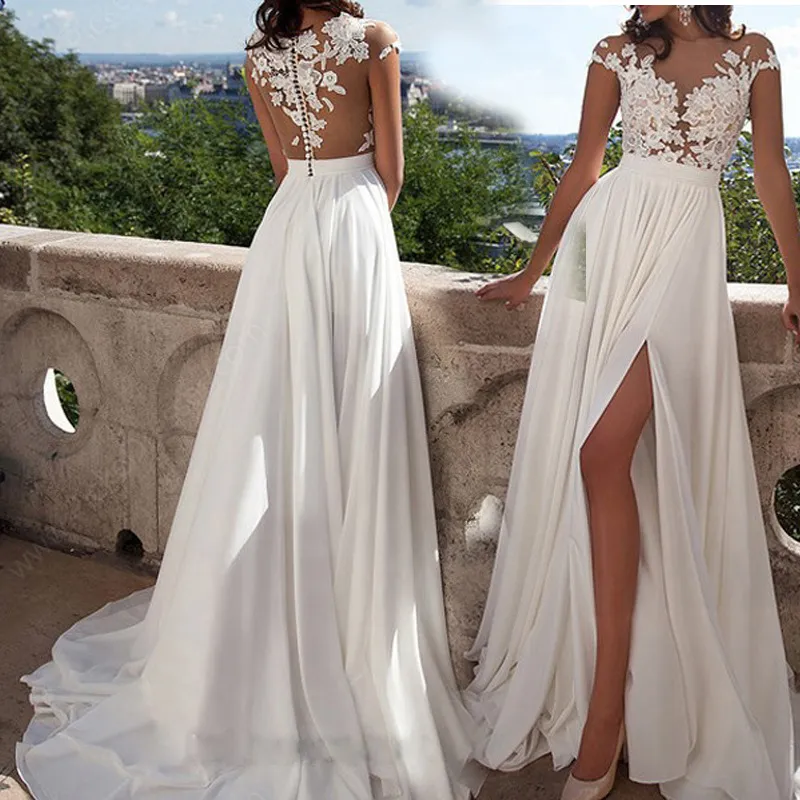 Sexy Sheer Lace Beach Bridal Gowns Appliqued Bohemian Wedding Dresses Capped Sleeves High Split Chiffon Summer Dresses