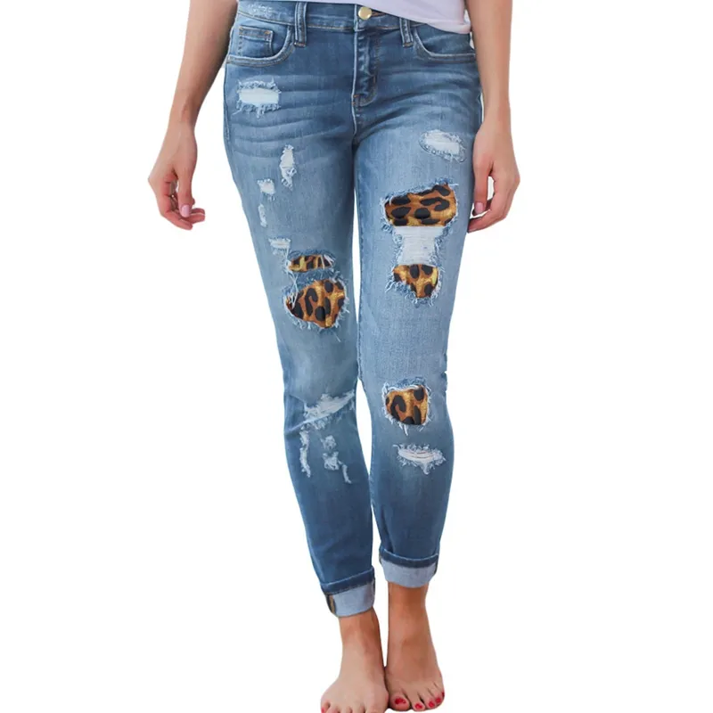 LAAMEI Donna Plus Size Jeans skinny a vita alta Patchwork leopardato solido Fori a costine irregolari Pantaloni a matita Pantaloni slim elasticizzati