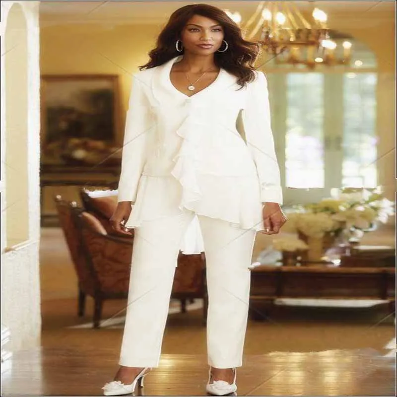 Plus Size White Chiffon Mother Of The Wedding Pantsuit For Bride With V  Neck, Long Sleeves, Front Ruffles, And Affordable Price DHRE312F From  Wedsw96, $65.88