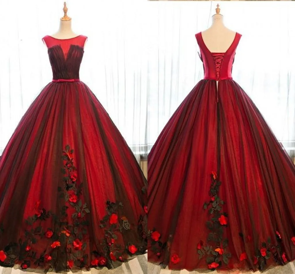 2021新しい黒赤プロムQuinceaneraドレス手作りの花3D花柄アップリケプリーツビート甘い16ドレスヴェスディドデパーティーイブニングドレス
