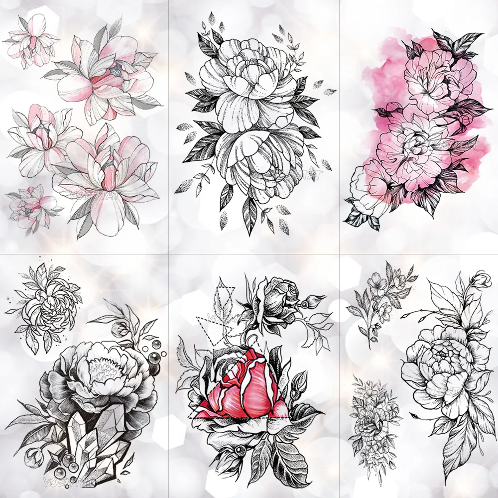 Sketch Flower Blossom Peony Rose Waterproof Temporary Tattoo Sticker Black Tattoos Body Art Arm Hand Girl Women Fake Tatoo