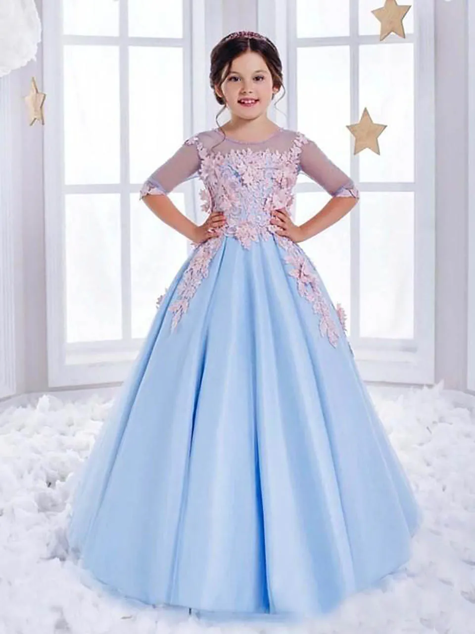 Schattige bloem meisjes jurken hemel blauwe kant illusie roze 3d floral applique halve mouwen kinderen meisjes pageant jurk prinses goedkope verjaardagstoga's