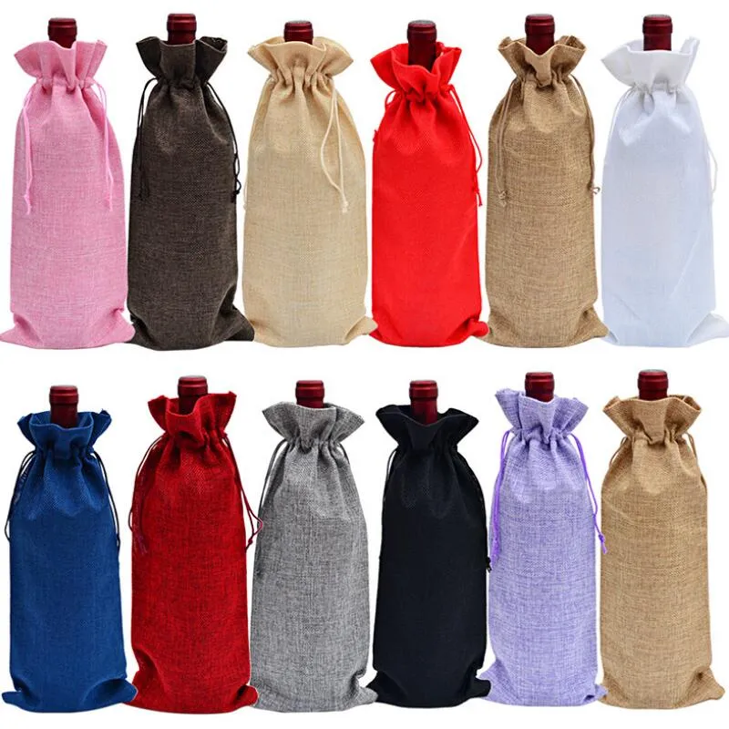 18 Colors Wine Bottle Covers Champagne Wine Bag Blind Packaging Gift Bags Rustic Hessian Christmas Dinner Table Decoration