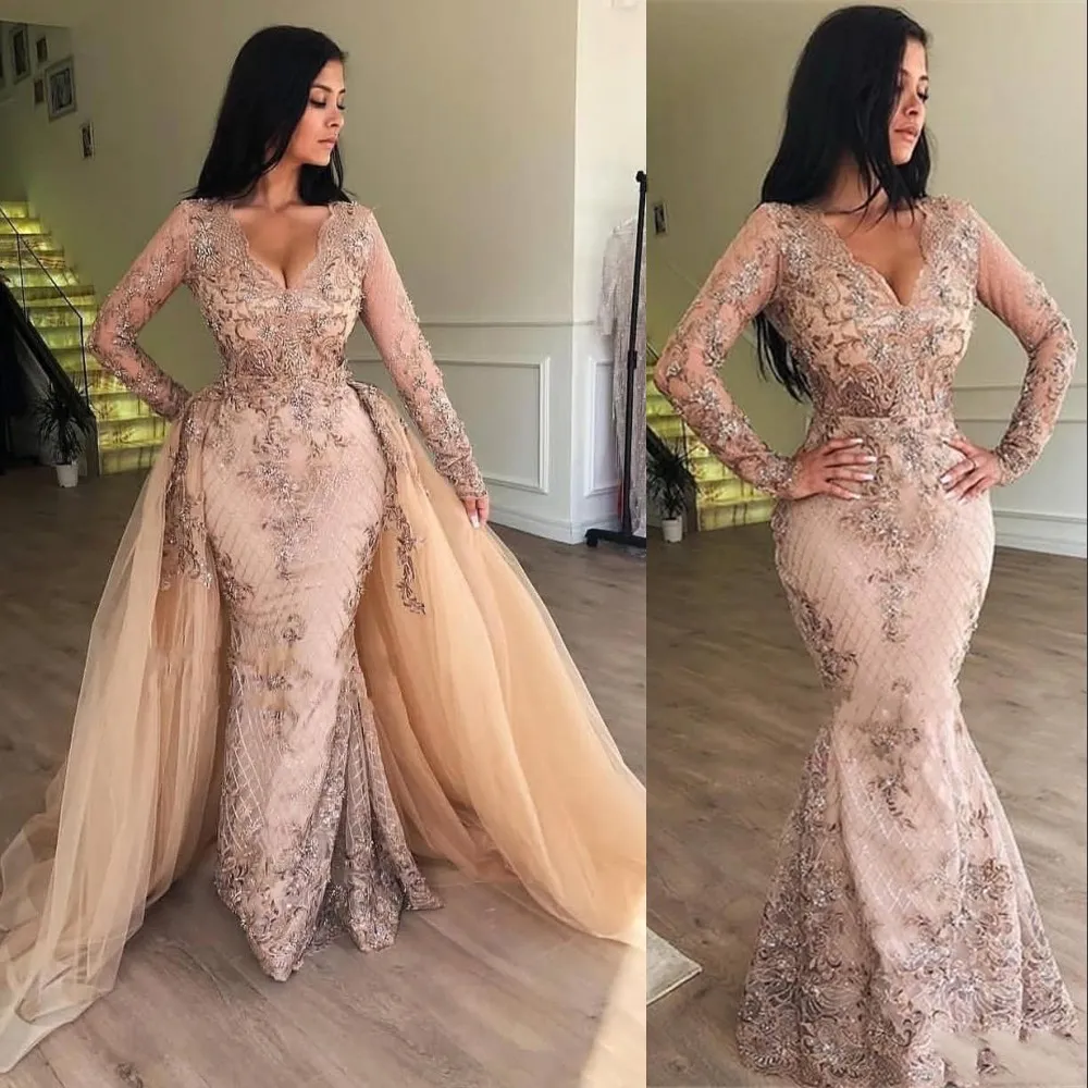 Arabisch nieuwe sexy zeemeermin avondjurken slijtage v-hals lange mouwen kant overskirts feestjurk sweep trein plus size prom jurken feestjurken