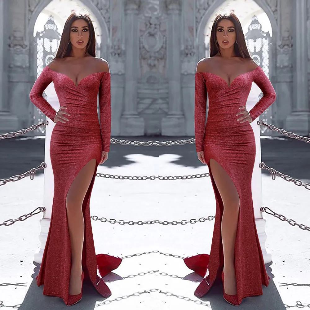 2020 Luxus Langarm Pailletten Red Mermaid Prom Kleider Hohe Split Sexy Sheer Juwel Hals Abend Tragen Perlen Celebrity Prom Kleider
