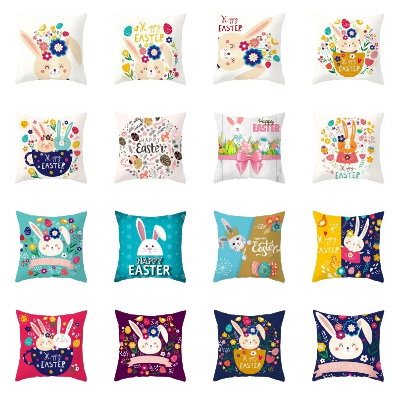 Happy Easter Pillowcase Peach Skin Bunny Printed Pillow Case Sofa Car Cushion Covers Single Sided Rabbit Printed Pillowcase