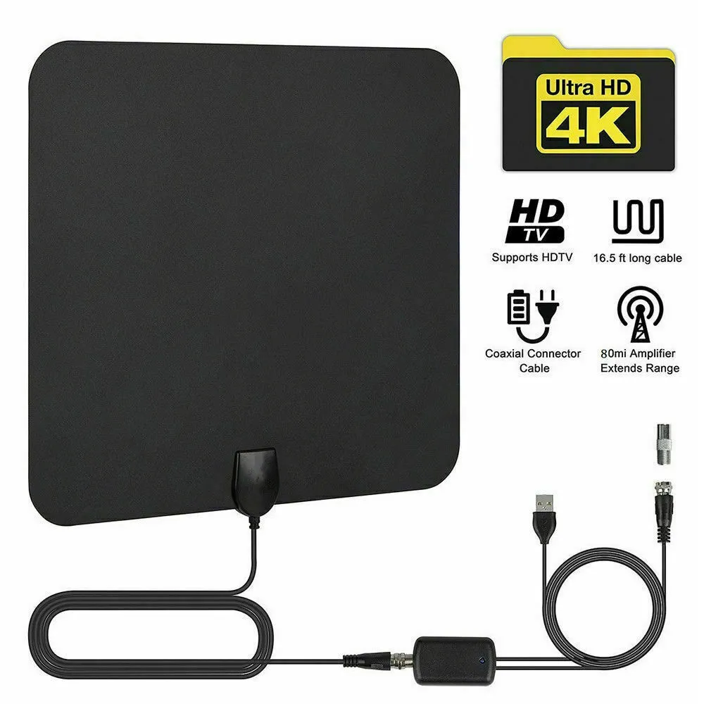 HDTV Antenna TV Digital HD 80 Mile Range Skywire TV Indoor 1080P 4K 16ft Coax Cable Easy Installation High Reception Amplified