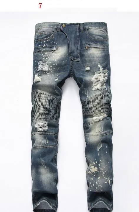 Homens afligidos jeans rasgados designer de moda motocicleta motociclista jeans calça jeans calças streetwear style jeans legal