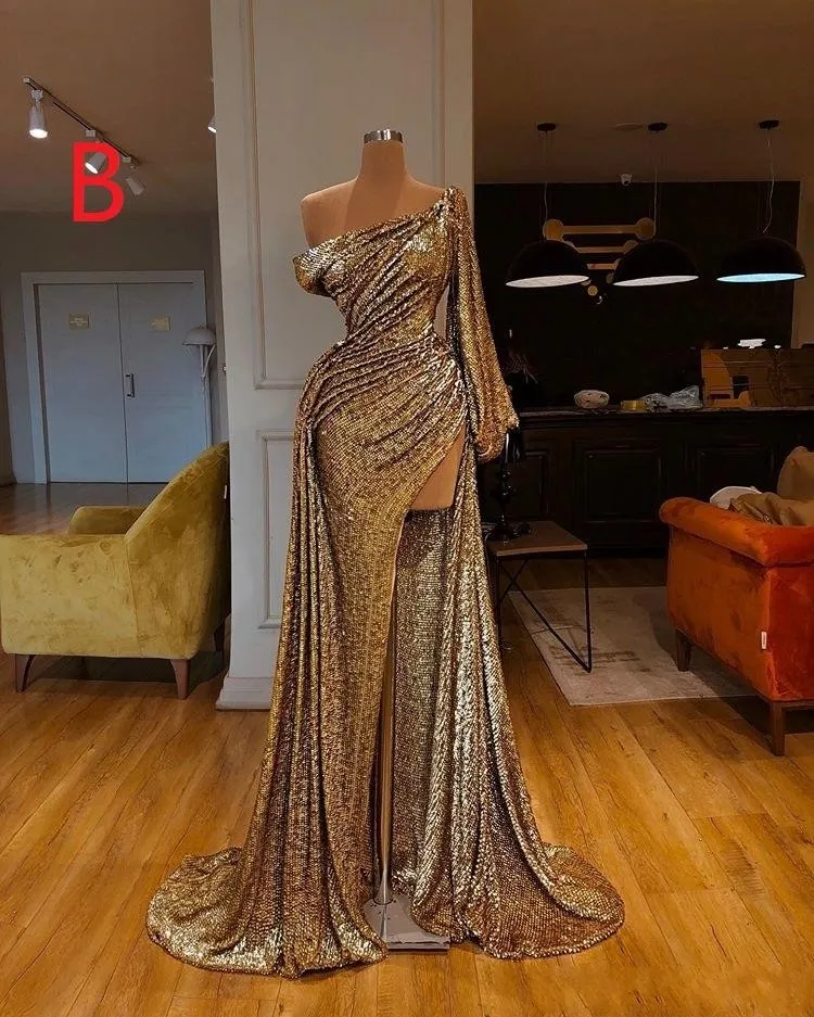 Long Sleeve Gold Mermaid Prom Dress with High Split Sequined Fabric and  Sweep Train Evening Gown