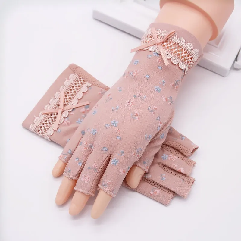 Gants à demi-doigts pour femmes, Protection solaire, Anti-UV, fins, pur coton, antidérapants, pour la conduite, demi-doigt, mitaines TB30