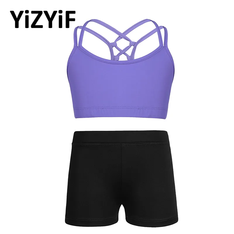 Kids Girls Yoga Costume Outfit Tanks Bra Tops Crop Top With Shorts Activewear Set Children Ballet Dance Workout Exercise Clothes