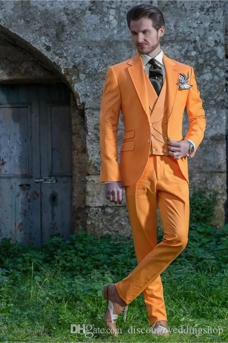 Moda terno laranja Work Man Ternos Notch lapela do noivo smoking casamento Prom Blazer Dinner Party Negócios (jaqueta + calça + Vest + Tie) J760