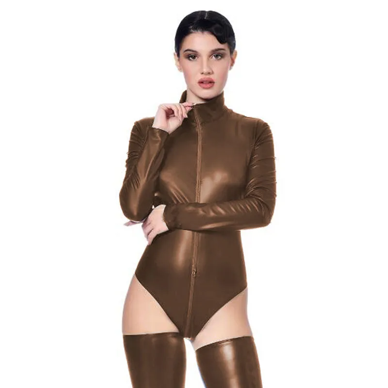 Stretch Faux Leather Brown Leather Bodysuit With Open Crotch And Zipper  Available For Womens Cosplay, Nightclubs, Pole Dancing And More From  Fashionqueenshow, $32.16