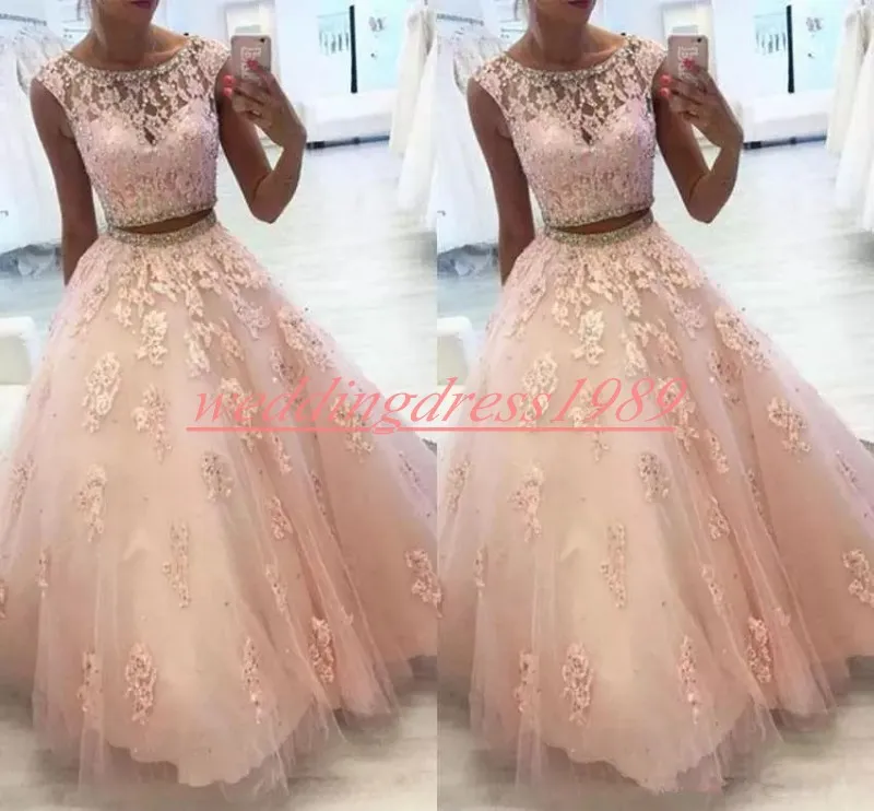 Modest Two Pieces Prom Dresses Lace Beads Sequins Tulle Party Gowns Juniors Long Evening Dress Juniors Special Occasion Celebrity Formal