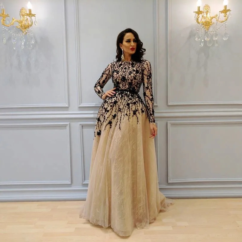 Elegant Arabisk En Linje Beaded Lace Evening Dresses Bateau Neck Långärmad Plus Size Prom Gowns Sweep Train Formell Dress
