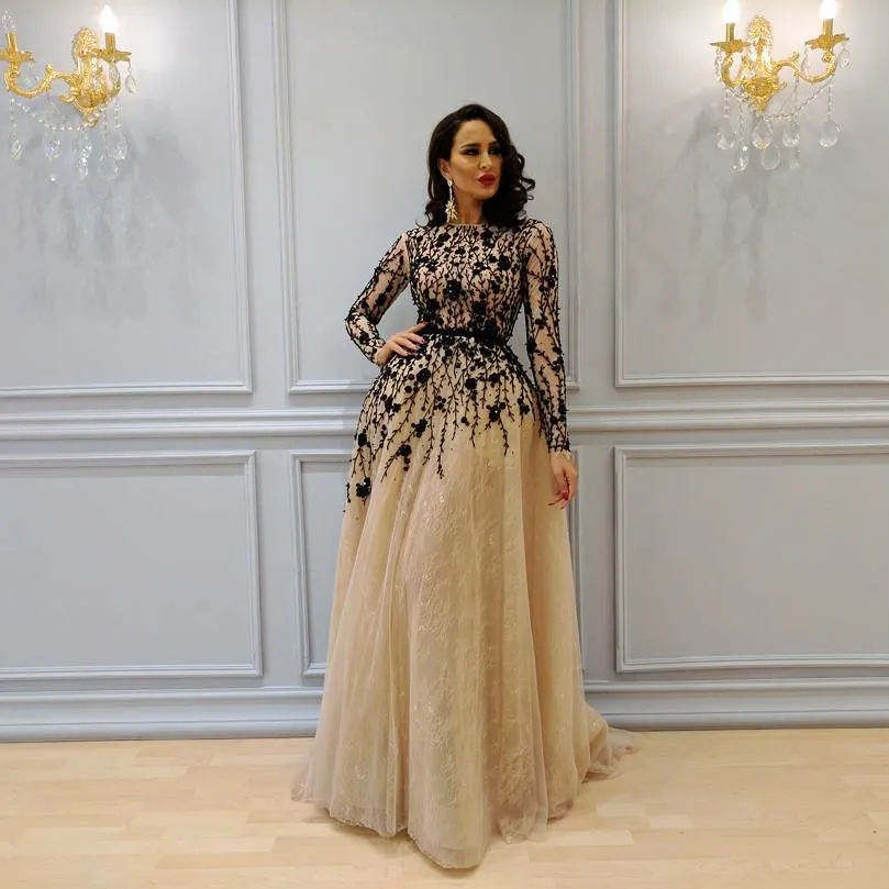 Elegant Arabic A Line Beaded Lace Evening Dress with Bateau Neck Long Sleeves Sweep Train Formal Gown for Prom Wedding or Special Occasions
