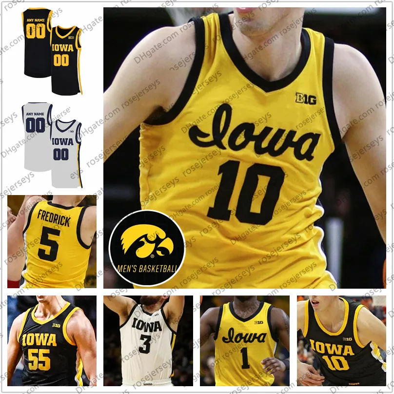 Custom Iowa Hawkeyes 2020 New Yellow Basketball #55 Luka Garza 10 Wieskamp 22 McCaffery 5 Fredrick 3 Bohannon Murray Wit Zwart Jerseys 4XL