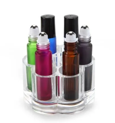 100 stks navulbare dikke 10 ml 1 / 3oz kleurrijke rol op glazen fles etherische olie parfum roller bal crystal houder DHL gratis schip