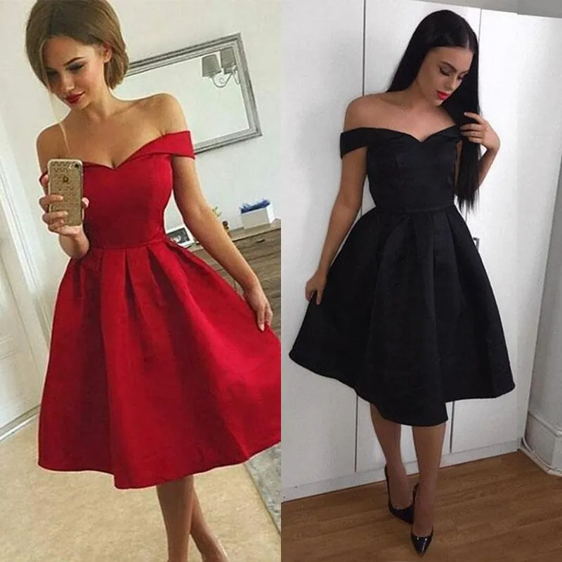 Простой 2019 с плеча короткие платья выпускного вечера черный красный длина до колена на заказ дешевые высокое качество вечерние платья