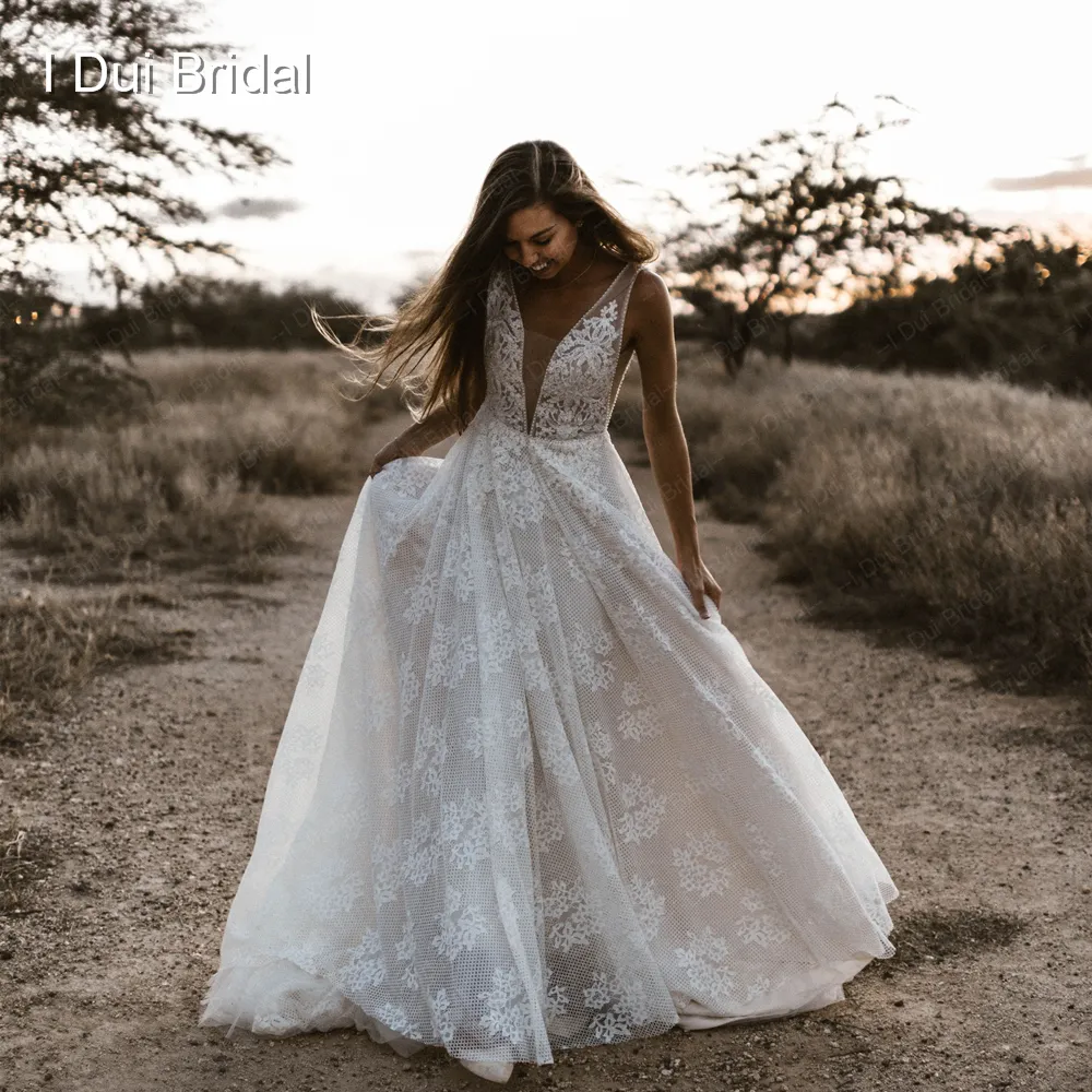 Vestidos de novia sexy con escote en V profundo, frente bajo y espalda, vestido de novia de encaje con cuentas de cristal y perlas, foto real hecha a medida de fábrica