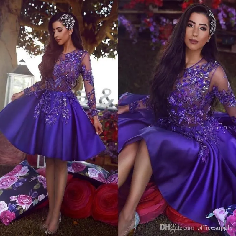 Arabic Sexy Royal Short Homecoming Dresses New Vintage A Line Sheer Neck Long Sleeve Applique Beaded Cocktail Prom Gowns Custom Made