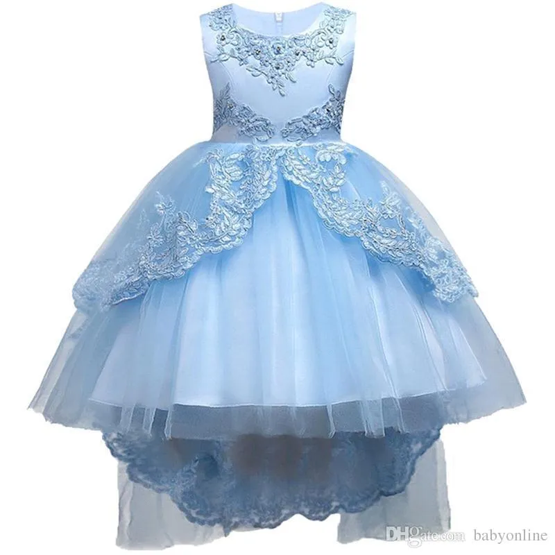 Jolie dentelle bleu Puffy robes fille fleur Haut Bas dentelle Communion Robes Pageant Appliques Robes pour les petites filles