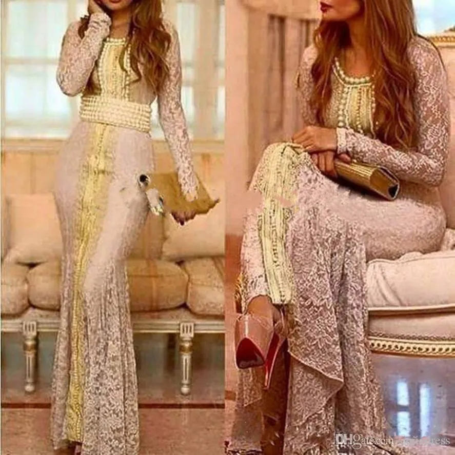 Marokkaanse Caftan Full Lace Lange Mouw Avond Formele Jurken 2020 Custom Make Gold Embroidery Kaftan Dubai Abaya Arabische Gelegenheid Prom-jurk