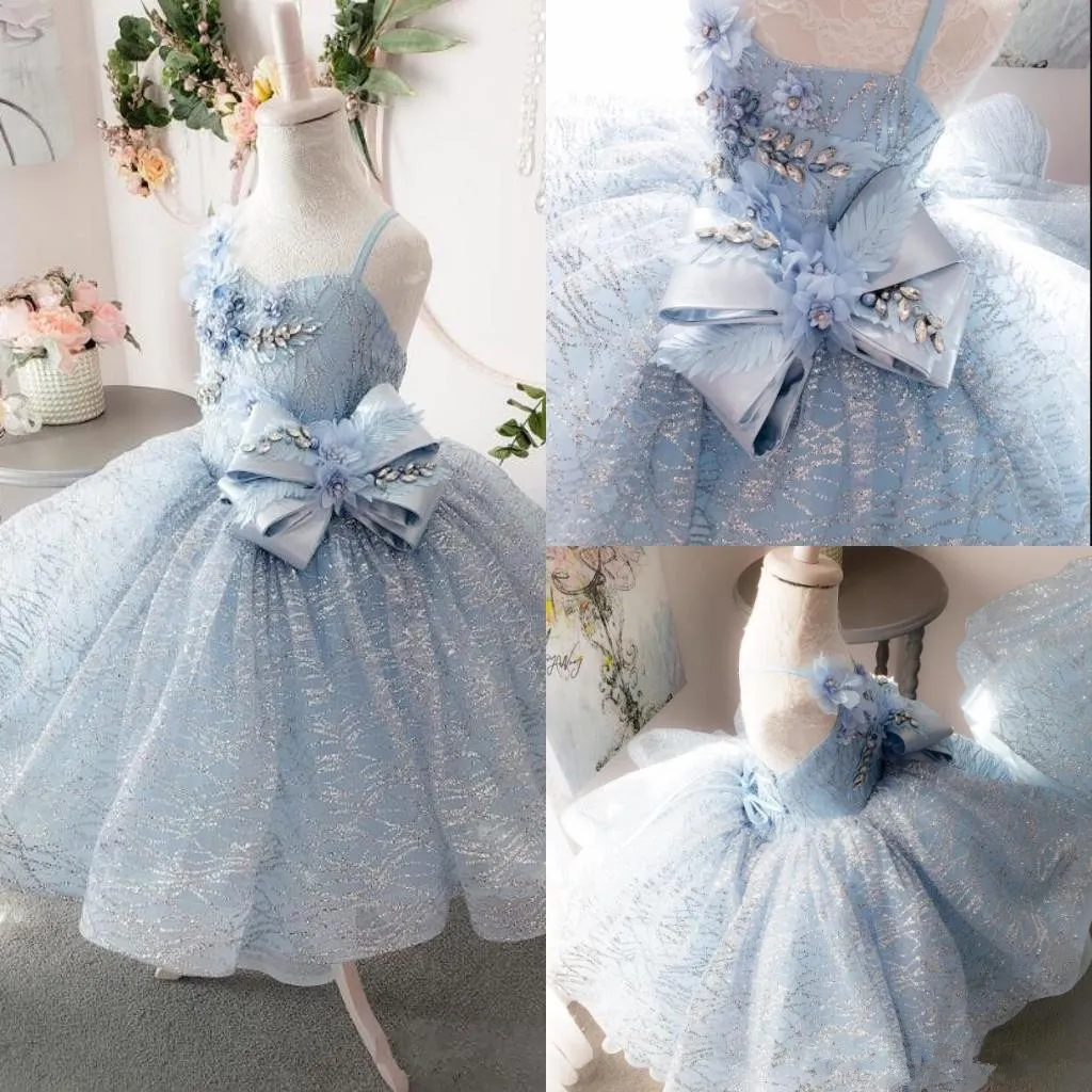 Tiul Flower Glitter jasnoniebieskie cekiny First Communion Suknie dla małej dziewczynki suknia balowa księżniczka