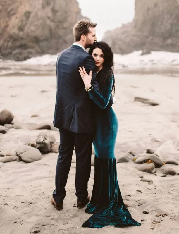 dark green velvet wedding dress WEDTREND Women Dark Green Bridesmaid Dress Floral Burnout Velvet Dress with  Slit Mermaid Corset Streamer Long Wedding Guest Dress main image 1