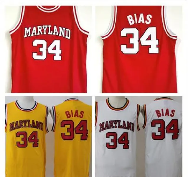 College 34 Len Bias-Jersey-Männer Basketball 1985 Universität Maryland Terps Trikots Team Red Gelb Weiß Auswärts Beste Genähtes