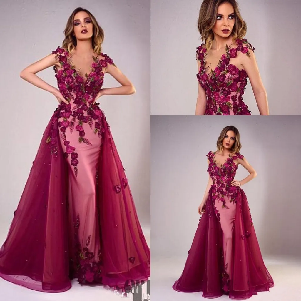 Tony Chaaya 2020 Aftonklänningar med avtagbara kjolpärlor Mermaid Prom-kappor 3D Floral Lace Applique Luxury Party Dresses