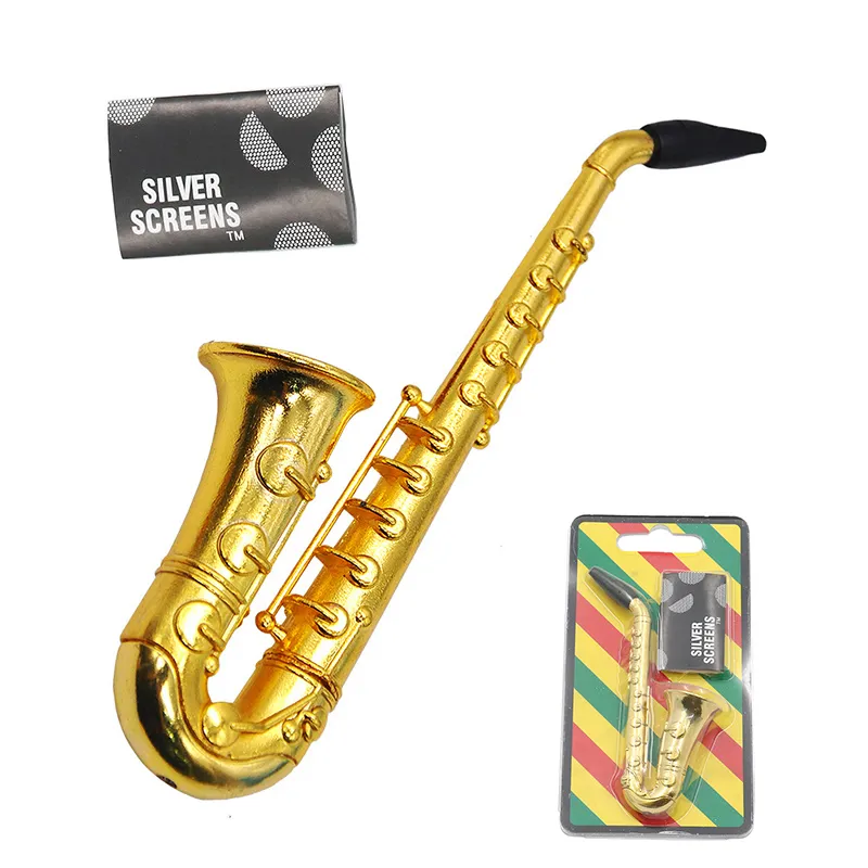 Mini Pijp Saxofoon Trompet Vorm Metalen Zinklegering Tabak Droge Kruid Pijpen met Schermen Nieuwigheid Gift Individueel Pakket