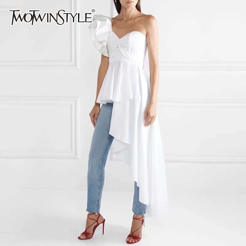 Asymmetrisch Shirt Tops Vrouwelijke Off Shoulder Lace Up Onregelmatige Ruche Sexy Blouse Damesmode 2018 Herfst Nieuw