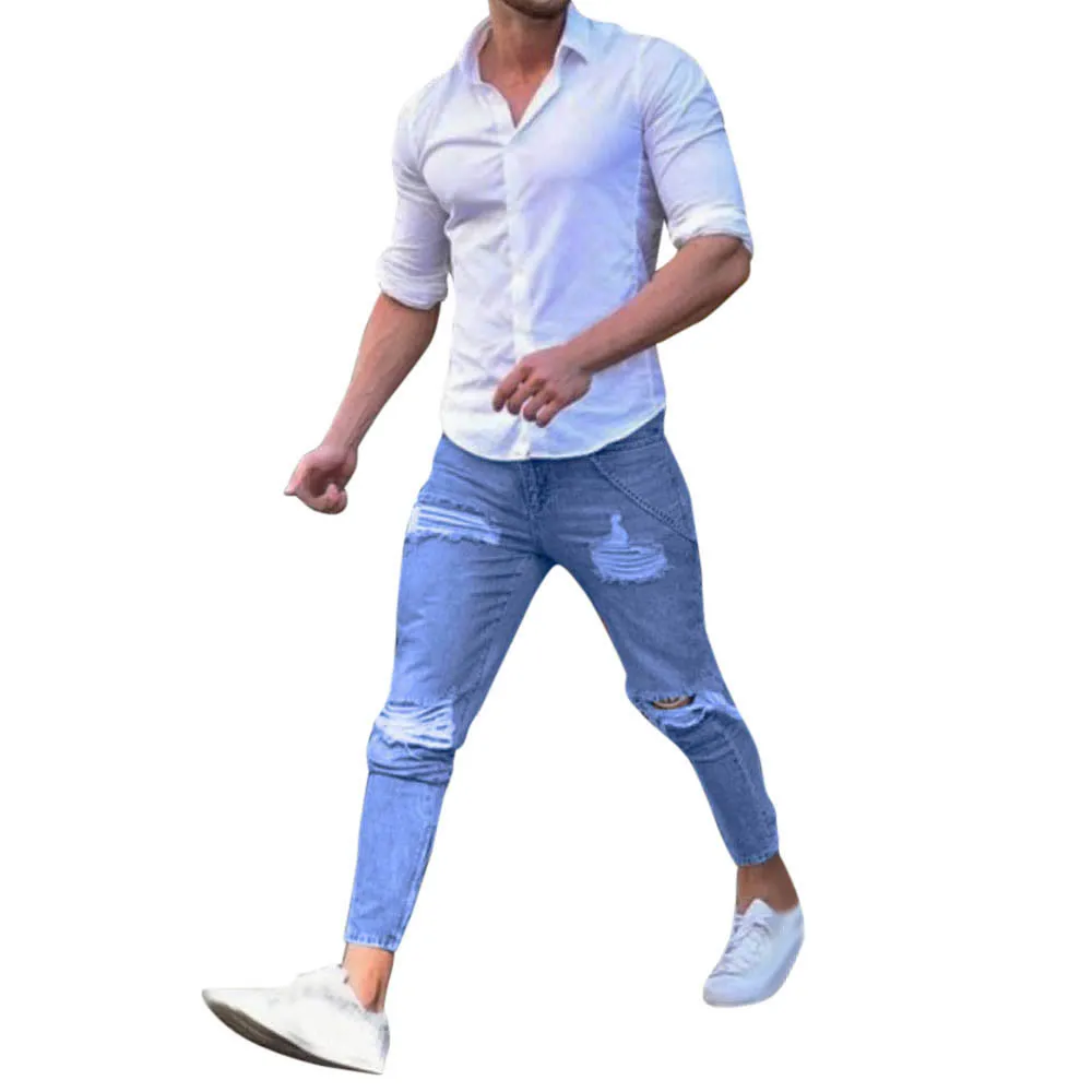 Herren-Jeans, zerrissen, für Herren, Loch, dehnbar, dünn, Biker, zerstört, getapt, Slim-Fit-Denim-Hosen für Männer