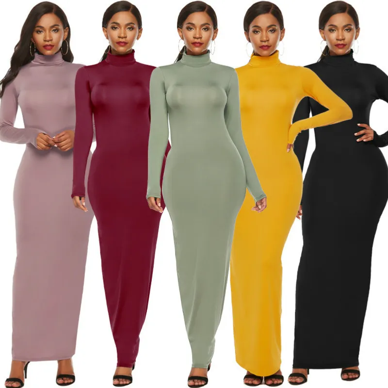 2019 Fashion Turtkleneck Long Sleeve Autumn Maxi Dress Casual Women Long Bodycon Winter Ladies Dresses Party Club Dress Robe Plus Size S-5XL