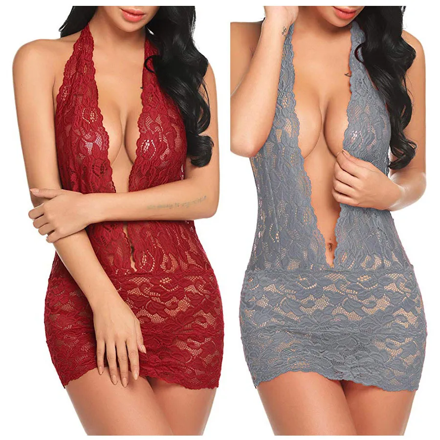 Amazon Hot Selling Sexig Underkläder Sexig Lace Hollow Bag Hip Halter Womens Nightdress Partihandel