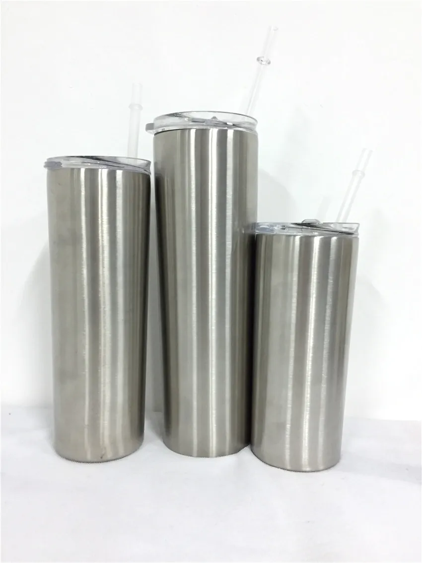 FedEx / DHL 15oz 20oz 30oz Silver Skinny Tumblers Rostfritt Stål Vattenflaska Dubbelmur Isolerat Vakuum Kaffe Koppar Bilkoppar Klassisk bärbar termos med lock Straw