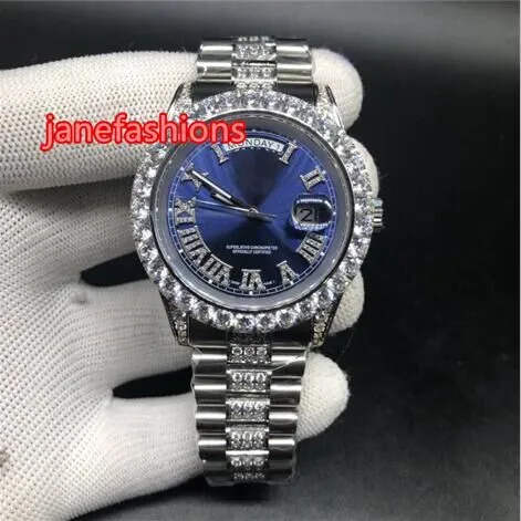Relógio fino masculino de rosto azul, relógio fino prateado de aço inoxidável à prova d'água com moldura de diamante 2836, calendário duplo automático, relógio quente