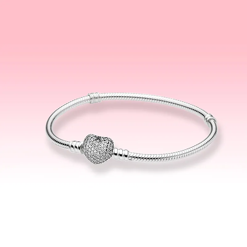 925 Sterling Silber Armbänder DIY Schmuck für Pandora Moments Funkelnder Herzverschluss Schlangenkette Charms Armband mit Originalverpackung für Frauen