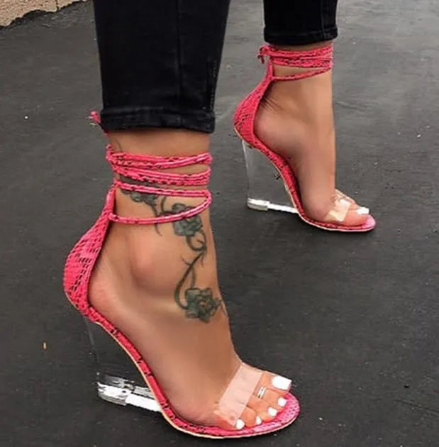 size 35 to 40 with box green snake grain printed ankle wrap transparent clear high heel women platform wedges heels sandals