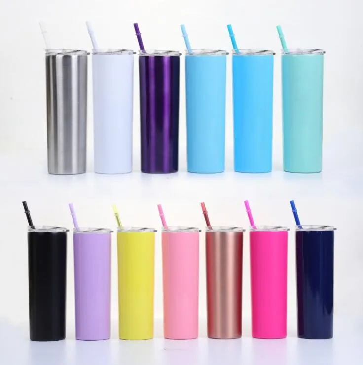 Inoxidável Copos 20oz magros Cups Tumbler aço com tampas e palhas Vacuum Hetero Garrafa Copo Caneca Água 14 cores LXL559A