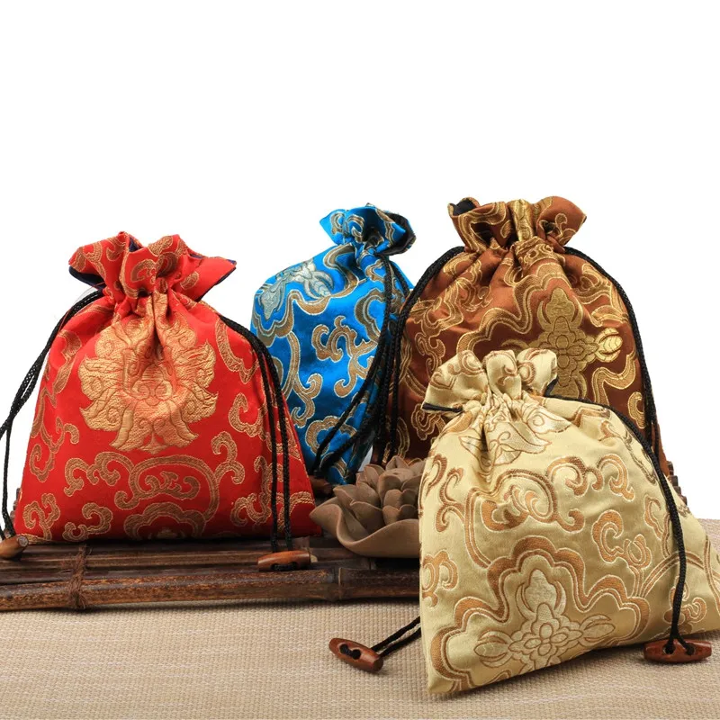 10pcs Jacquard Flower Chinese Silk Brocade Pouch Drawstring Large Christmas Gift Bags Wedding Party Favor Bags Cloth Packaging Bags