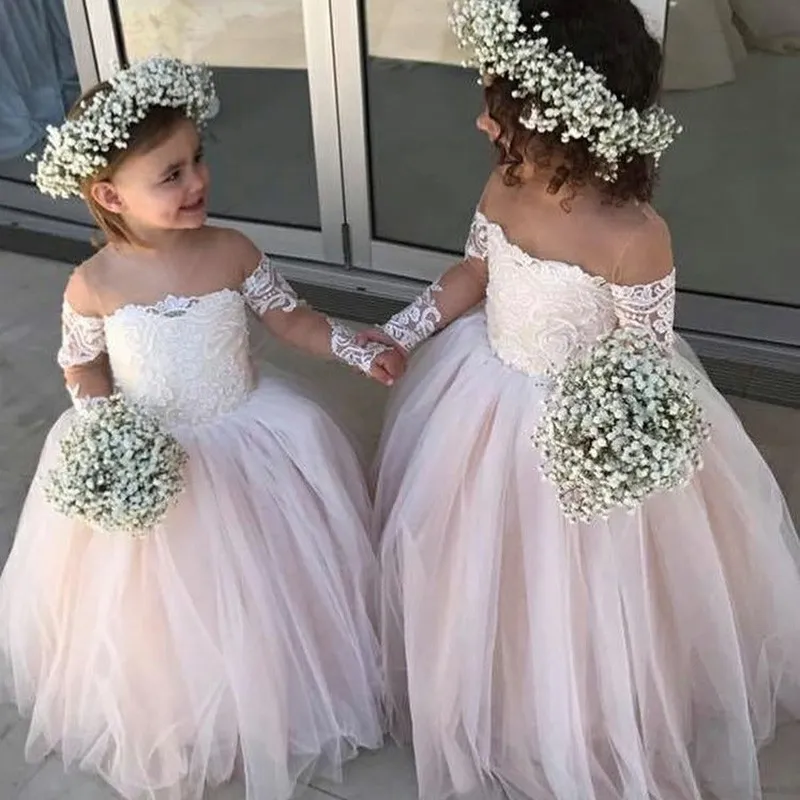 Vestido de fiesta Vestidos para niñas de flores 2019 Cuello de ilusión Hasta el suelo Vestido de encaje de primera comunión para niñas pequeñas Cremallera en la espalda Manga larga