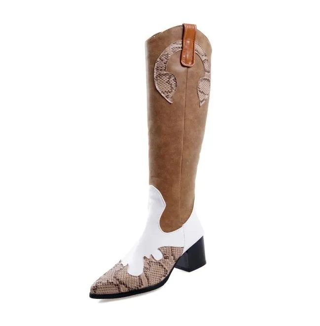 Taglia dalla 32 alla 42 alla 48 stivali alti al ginocchio con tacco grosso a punta patchwork western di colore misto 5 cm