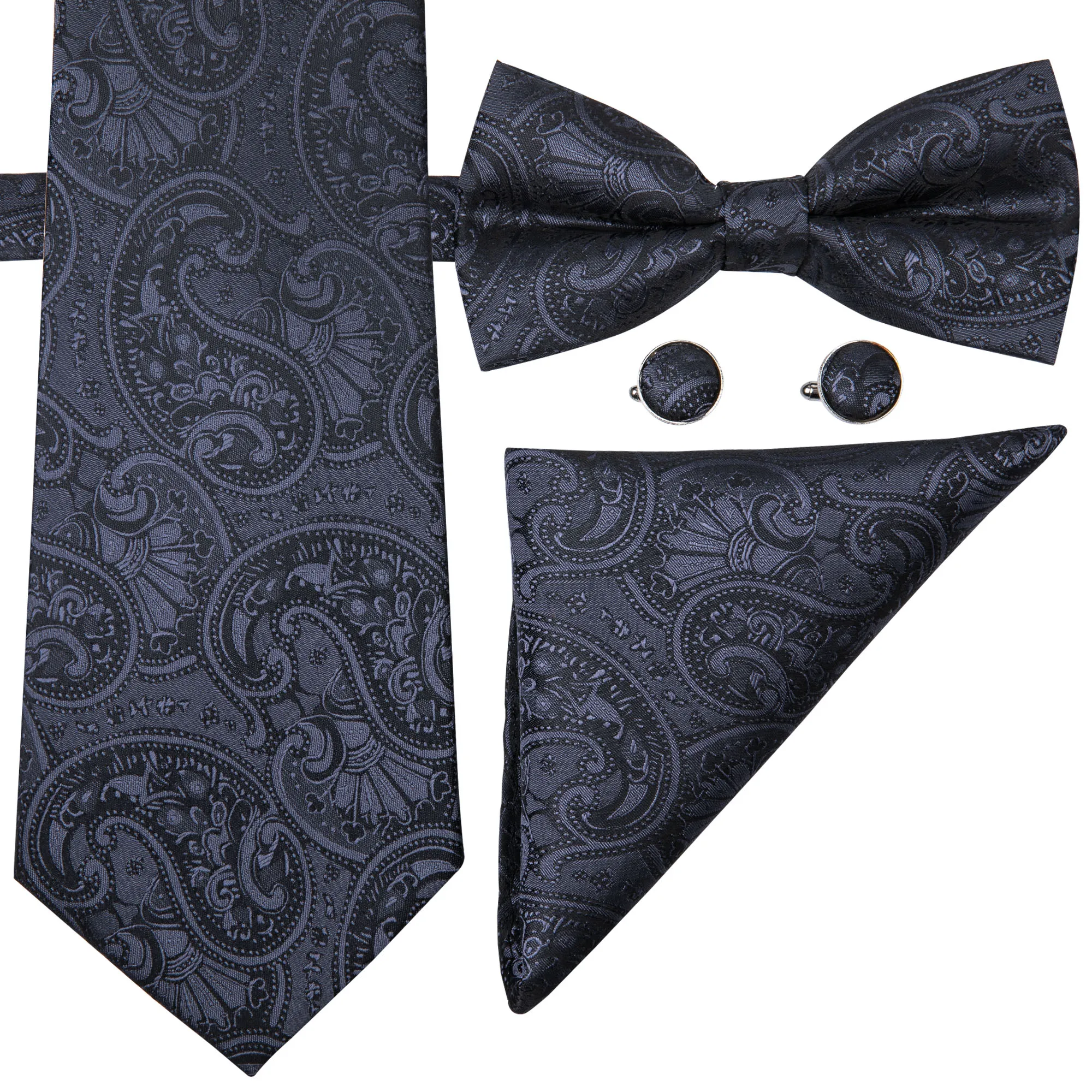 Hi-Tie Klassische Herren-Krawatte, schwarze Fliege aus Seide mit Blumenmuster, mit Einstecktuch-Manschettenknöpfen für Herren-Hochzeitskleid, modischen Anzug, LH-0718, D-1317G