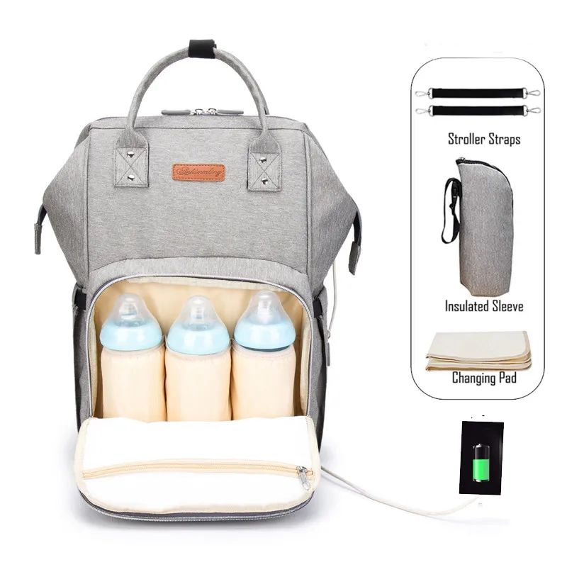 Mother Maternity Diaper Travel Bag waterproof Nappy bags Organizer Tote Mommy Backpacks with Bottle bag & changing Mat & hook & USB C6882