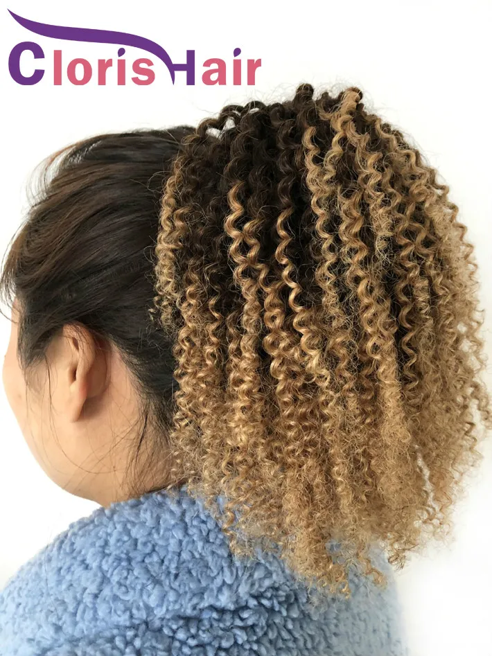 Afro Kinky Curly Craystring Extensões 1B / 4/27 Blonde Ombre Raw Virgin Indian Human Hair Clip Ins para mulheres negras colorido rabo de cavalo