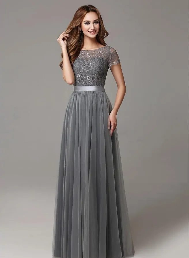 Grey Lace Tulle Floor Length Women Bridesmaid Dresses Short Sleeves Sheer Neckline Formal Wedding Party Dresses DH4266