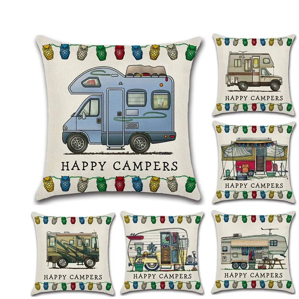 Happy Campers Taie d'oreiller 45 * 45 cm Taie d'oreiller de voiture de tourisme Housse de coussin en lin Home Cafe Office Decor Cadeau GGA3233-1