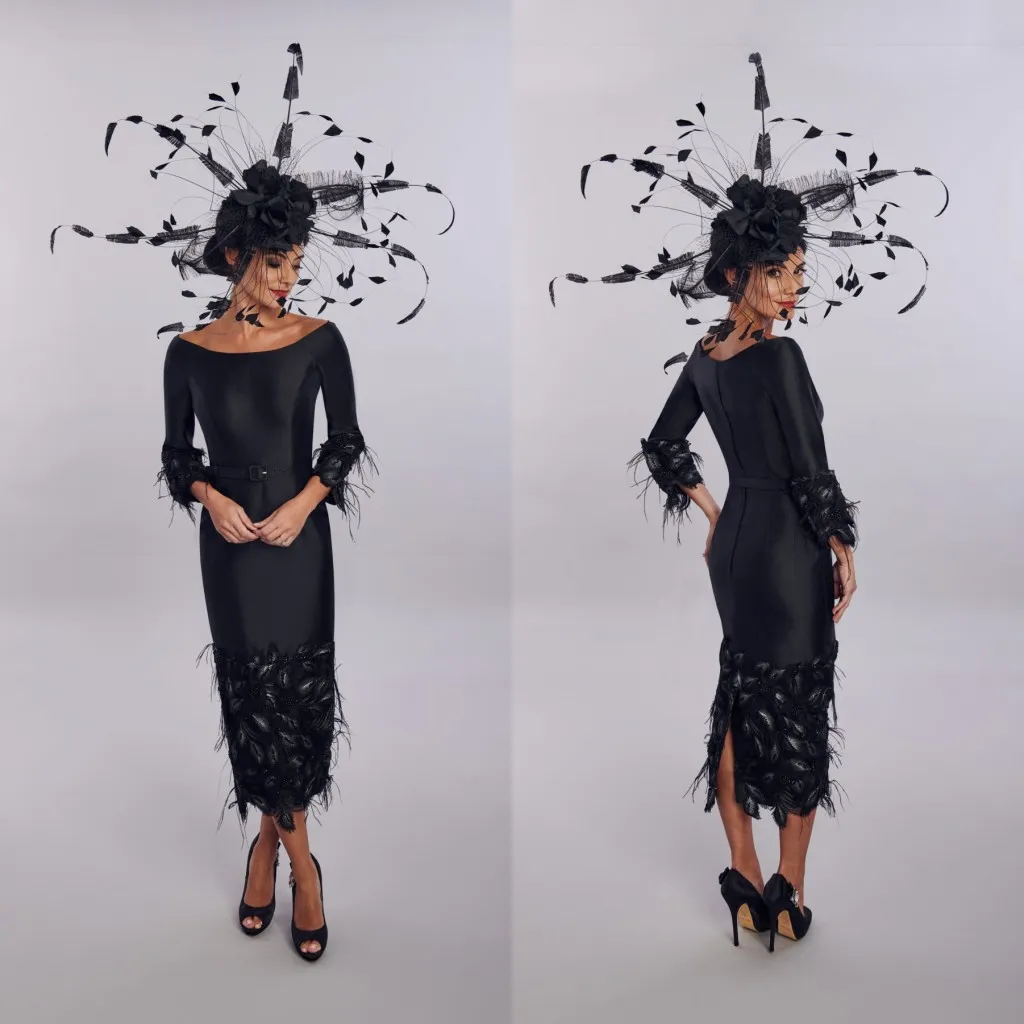 Gaine noire House of Mooshki mère de la robe de mariée col bijou manches longues plumes robes d'invité de mariage longueur de thé robe de soirée peur s